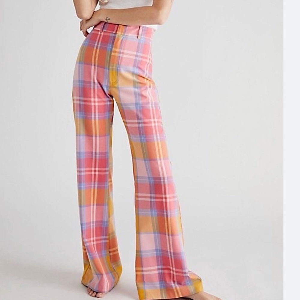 NWT Free People Plaid Jules Pants 10 - pink yellow and blue